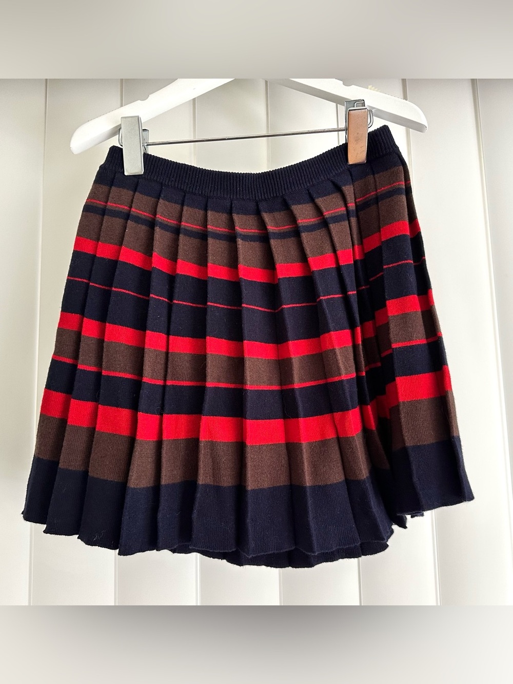 Striped Pleated Knit Skirt - Navy, Red & Brown